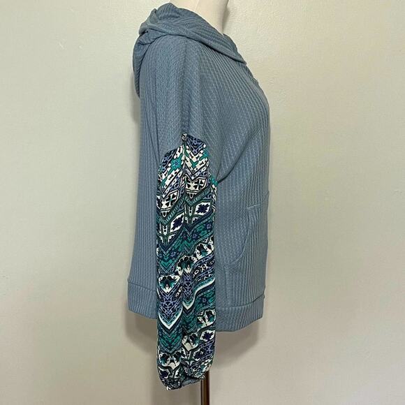 Baea Blue Floral Balloon Sleeve Thermal Knit Full Zip Hoodie Size Large NWT - Picture 7 of 13